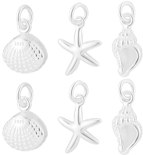 Beebeecraft 6 pieza de 3 estilos Y 925 dijes de Plata de Ley con Forma de Playa de Verano para Hacer Joyas Conchas Vieiras Cauri Estrellas de Mar Colgantes de Animales Marinos con Anillas para