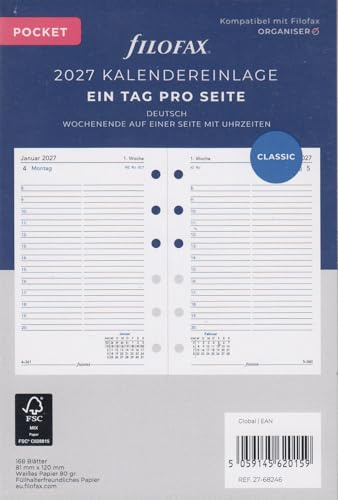 Filofax Inserto per calendario tascabile, 1 giorno su 1 pagina, tedesco 2027
