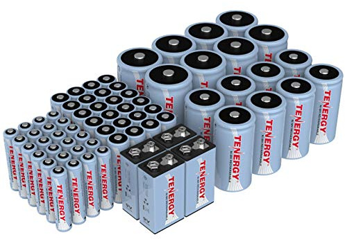 Tenergy AA AAA C D 9V Battery, NiMH Rechargeable Batteries Combo, 68 Pack, 24 Pack AA Cells, 24 Pack AAA Cells, 8 Pack C Cells, 8 Pack D Cells and 4 Pack 9V Batteries