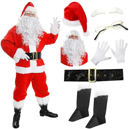 ILOVEFANCYDRESS Costume Deluxe da Babbo Natale Velluto di Babbo Natale Completo Natalizio in Peluche ST Nick in 10 Pezzi per Uomo (Grande)