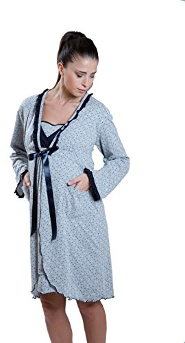 Premamy - Vestaglia da Notte per Premaman, Modello con Fiocco, Cotone Jersey, Pre-Post Parto - Grigio - VI (XL)