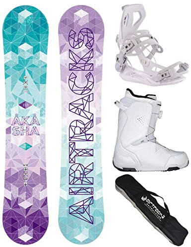 Airtracks Damen Snowboard-Set Freestyle Freeride Akasha Lady Flat Rocker 153 + Snowboard Bindung Master W + Snowboardboots Strong ATOP W 41 + Sb Bag