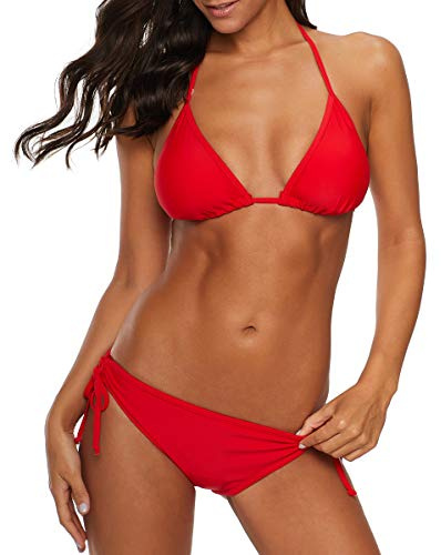 American Trends Women's String Triangle Halter Bikini Set - Two Piece Swimsuit with Adjustable Ties, Removable Pads & Quick-Dry Fabric for Beach Pool
