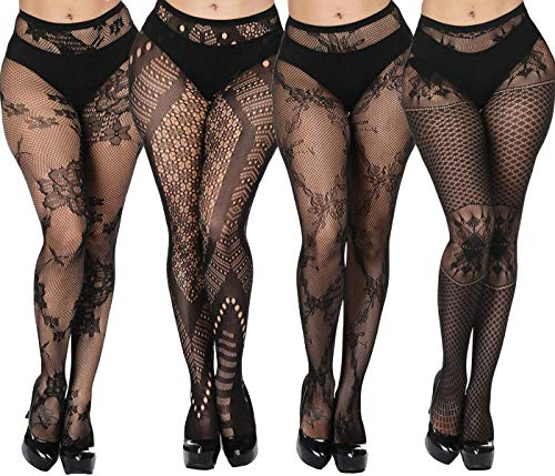 ANDIBEIQI 4 Paar Frauen hohe Taille Netzstrümpfe Spitze aushöhlen gemusterte Strumpfhosen schiere Mesh Loch Strumpfhosen
