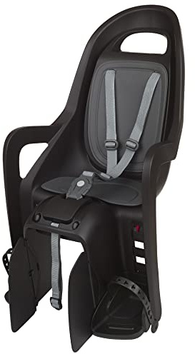 POLISPORT 8406100001 Groovy Maxi CFS Asiento Trasero Infantil – Seguro y Cómodo, 9 Mes–6 Años, Reposapiés y Reposabrazos Ajustables, Compatible con Portabicicletas, Negro/Gris Oscuro