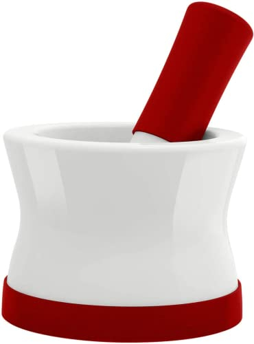 Mortaio e pestello in silicone e porcellana rosso EZ-Grip con base in silicone rimovibile antiscivolo - NUOVO DESIGN - Lavabile in lavastoviglie con la cucina più fresca
