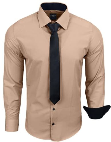 Subliminal Mode - Chemise Homme Manches Longues Col Bicolore Uni + Cravate Noir Chemise Coupe Ajusté Business Repassage Facile RN77