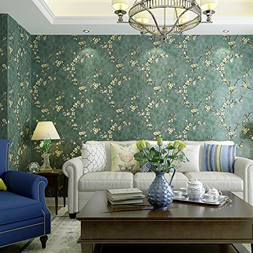 MEAIHOME American Country Papier peint non tissé 3D rétro Pastoral Arbre à fleurs Version AB avec chambre à coucher, salon, chambre d'enfant, fond mural TV 1.73 'Wx32.8' L Non Encollé (Vert foncé) A