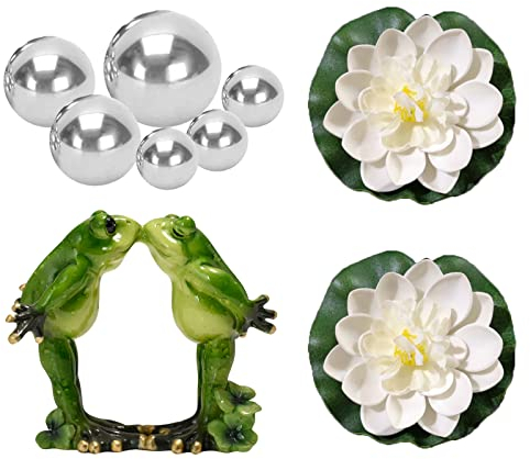PLATEYTR Mini Bassin décoratif Grenouille Flottante avec 6 Boules argentées et 2 Fleurs de Lotus pour Mini étang de terrasse Fontaine Solaire pour Jardin(A02)