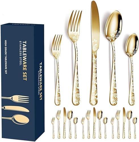 20-Piece Silverware Set, AORESAC Flatware Set for 4, Butterfly Flower Design, Mirror Polish, Forks Spoons, and Knives set for Home and Kitchen, Dishwasher Safe (Gold)