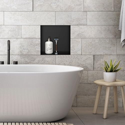 LuxeBath Nicchia a Parete senza Bordo in Acciaio Inossidabile 30x30x10 cm Nero Nicchia da Muro senza Cornice per Bagno Ripiano da Incasso senza Telaio per Doccia Contenitore per Utensili da Bagno
