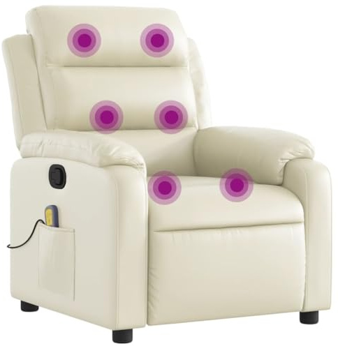 vidaXL Massage Recliner Chair - Manual Reclining Armchair with 6-Point Vibration for Elderly, Cream Faux Leather, Lounger with Side Pocket