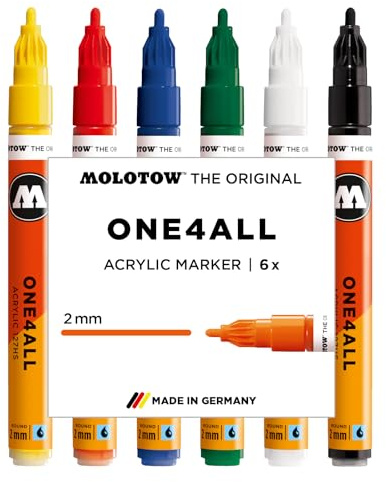 Molotow One4All 127HS Acrylic Marker Basic Set 1 (2.0 mm Line Width, High Coverage and Permanent, Quick Drying, Refillable, for Almost All Surfaces) Pack of 6 Assorted | 2.0 mm line width, highly opaque and permanent, quick-drying, UV-resistant, refillable, for almost all surfaces