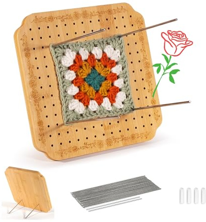 CraftyManor 7.6 in Crochet Blocking Board and Pins, Wooden Blocking Board for Crochet and Knitting Projects,Granny Square Blocking Board with 20 Stainless Steel Pegs, Bamboo Crochet Accessories