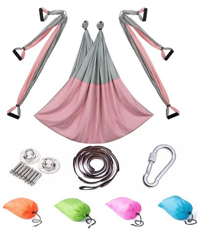 Yoga Hängematte Set Aerial Yogatuch Zum Aufhängen Hängematten Hammock Swing Therapieschaukel Schaukeltuch Yogagurt Hängetuch Inversion (Rosa und Grau)