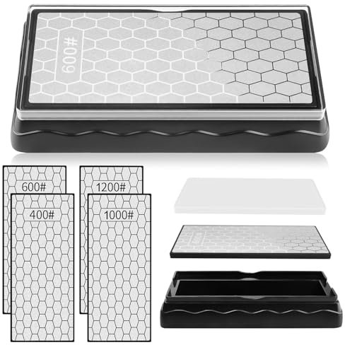 2 Stück Doppelseitiger Diamant Schleifstein, Kalolary Messerschärfer Diamant Schleifplatte mit 1 Rutschfester Unterlage für Messer Outdoor Küchenwerkzeuge (400er/1000er Körnung, 600er/1200er Körnung)