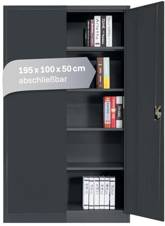 LagerZwei Mehrzweckschrank 195x100x50cm I Metallschrank, 4 Fachböden I Großer Aktenschrank, abschließbar I Robuster Allzweckschrank als Werkstattschrank & Büroschrank I Stahlschrank anthrazit