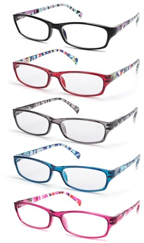 LANLANG Gafas presbicia mujer, Gafas lectura, gafas anti luz azul, filtro azul, gafas de lectura, gafas para leer, Transparente Rojo/Gris/Azul/Negro/Morado-5pcs, +2.0 dioptrías