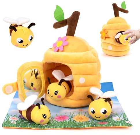 Baby Toys 6-12 Months, Soft Baby Beehive with 4 Sensory Bees- Rattle, Crinkle, Squeaker, Mirror,Busy Montessori Soft Toys for Toddlers 0-3 Years Old - Baby Christmas Birthday Gift