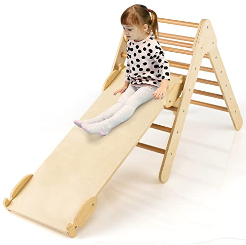 GOPLUS Triangle d’Escalade 2 en 1 avec Toboggan, Montessori en Bois Naturel