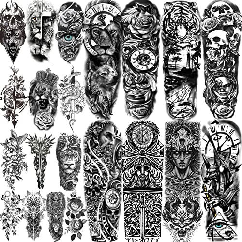 COKTAK 21 Blätter Extra Groß Schwarz Temporäre Tattoos Frauen Erwachsene Griechischer Mythos Mit 8 Blätt Ärmel Männer Maori Warrior Compass Und 13 Blatt Fake Tattoo Aufkleber Haut