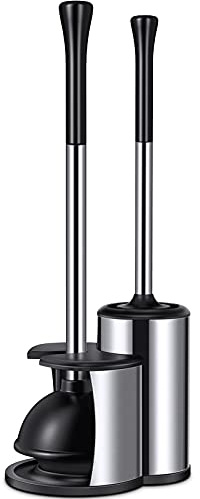 HAMITOR Toilet Plunger Bowl Brush Set: Hideaway Heavy Duty Toilet Plunger Scrubber Cleaner Holder Combo for Bathroom with Covered Caddy Hidden Elongated Discreet Apartment Plunger Brush Accessories
