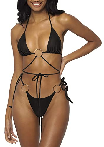 Women Halter String Bikini Set Sexy Thong Cheeky Two Piece Swimsuits Solid Color Bathing Swimwear (Black, Small)