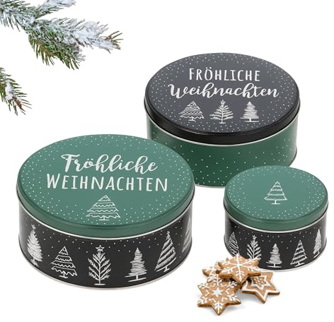 Brandsseller 3er Set Plätzchendosen aus Metall – stapelbare, runde Keksdosen mit Deckel - lebensmittelechte Aufbewahrungsdosen für Gebäck, Kekse & Weihnachtsplätzchen – Weihnachten