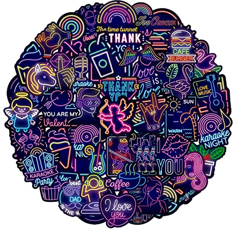 Neon Graffiti Aufkleber, Wasserdicht Vinyl Neon Light Neonlichter Sticker für Laptop Wasserflasche Skateboard Fahrrad Helmet Gitarre Reisekoffer Gepäck Möbel Scrapbook Handyhülle [50 Stück]