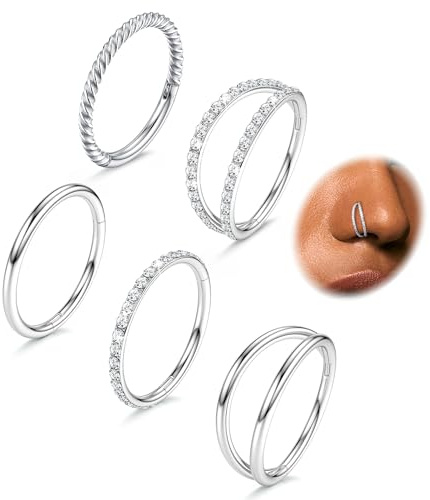 CASSIECA 5Pcs 16G Surgical Steel Nose Rings Hoop for Women CZ Clicker Hinged Septum Ring Lip Helix Cartilage Double Hoop Earring Daith Rook Conch Body Piercing Jewelry for Women 8mm