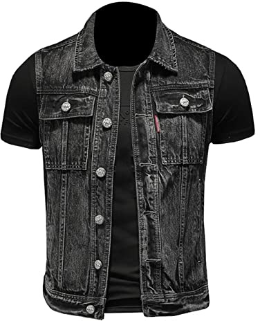 Hommes Denim Gilet Jeans Gilets Biker Veste Sans Manches Rétro Gilet avec Poches Gilet Top Gilet de Motard