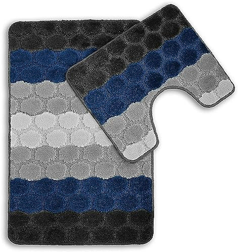 2pc Bath Mat Set Non Slip, Bath & Pedestal Mats, Hex Stripe Design For Bathroom Toilet, 2 Piece, Soft, Absorbent And Slip Resistant (Navy Blue)