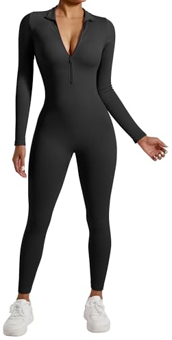 RXRXCOCO Gerippte Langarm Jumpsuits Damen mit Reißverschluss Eng Rundhalsausschnitt Einteiler Bauchweg Sport Yoga Overall Romper Schwarz S