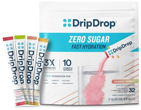 DripDrop Sugar Free Hydration Packets - Zero Classic Variety Pack - Single Serve Electrolytes Powder Drink Mix - Lemon Lime, Watermelon, Peach, Passion Fruit - Non-GMO, Gluten Free, Vegan - 32 Sticks
