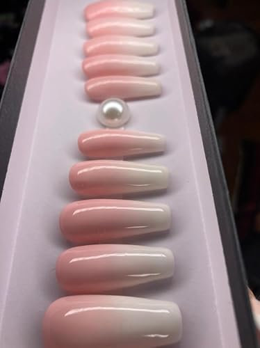 Fait à la main Faux Ongles Court MouyouGlow,Ballerine Nude Rose Babyboomer Ombre Blanc Resuable Press on Nails avec Gel Pad,Handmade Fake Nails 10Pcs（#42-L Taille）