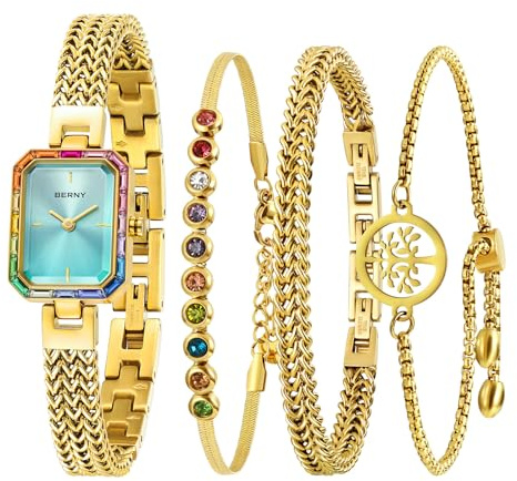 BERNY Guldklocka för kvinnor Petite Armbandsur Färgade stenar Accentuerad Case 3ATM Vattentät Ladies Minimalist Klockor och Armband Set