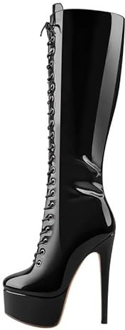 blingqueen Damen Plateau Stiefel Stiletto Knee High Lace up Boots Schnürstiefel Kniehoch Lack Schwarz 44 EU