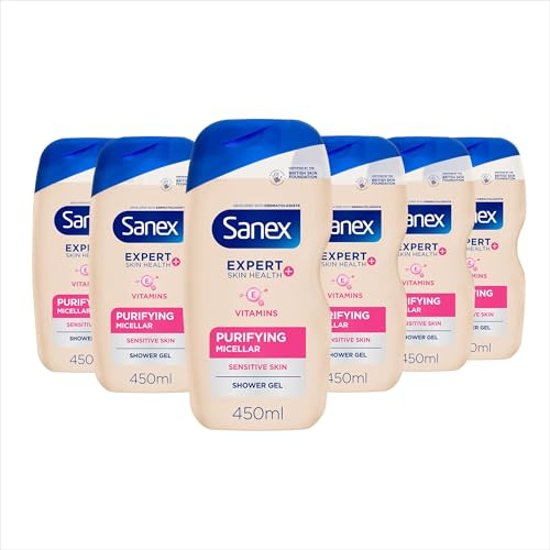 Sanex Expert Skin Health+ Micellar Hypoallergenic Shower Gel 450ml X 6- For Sensitive Skin - Body Wash For Men & Women - Helps Protect Skin From Pollution - Gentle Antioxidant Formula - with Vitamin E