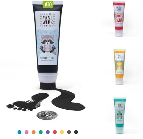 Miniwerk Bio Malfarbe Schwarz mit Schwammaufsatz aus natürlichen Rohstoffen, schadstofffrei wie Fingerfarbe - Fußabdruck Baby - Erinnerung und Dekoration für Baby- & Kleinkinderzimmer