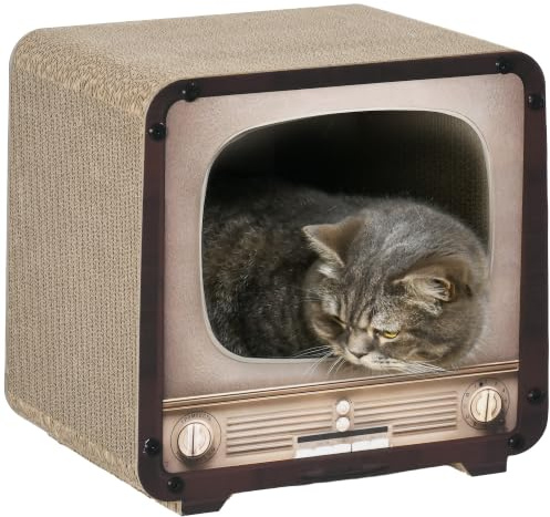 PawHut TV Shape Cat Scratching Board with Catnip, for Indoor Cats, Brown | Corrugated Cardboard, 2 in 1 Cat House, with Catnip