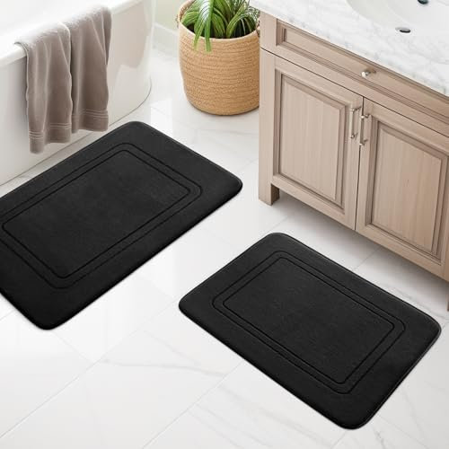 Badezimmerteppich Set 2 Teilig, Weiche Badematte aus Memory-Schaum Badvorleger rutschfest Waschbar, Badezimmer Teppiche Set für Toilette Dusche und Badewanne Schwarz