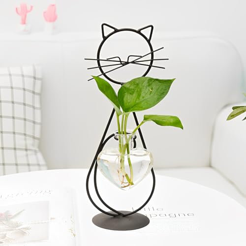 Vase à fleurs en verre en forme de cœur, vase de multiplication hydroponique avec chat, support de plantes en métal intérieur, station de multiplication pour plantes, support de fleurs de bureau pour