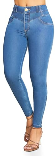 Bula,High Waist Butt Lift Skinny Jeans for Women with 2 Buttons - Stretchy Colombian Push-Up Denim Pants, Tummy Control, Slim Fit, Blue Jeans