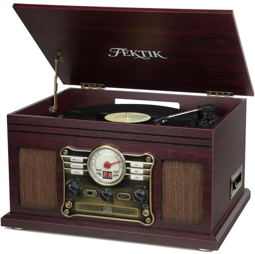 Mersoco Tocadiscos Bluetooth 10 En 1, 3 Velocidades (33, 45, 78 RPM), Reproductor De Vinilo con CD, Casete, Radio FM, Entrada/Salida Bluetooth, Altavoces Integrados, Acabado En Madera Vintage