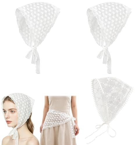 3 Pièces Bandana Dentelle Triangulaire Fleurs Blanche Triangle à Nouer | Foulard Cheveux Floral Blanc Doux Respirant, Accessoire Mode Élégant Mariage Vacances Fête Anniversaire Coiffure Quotidienne