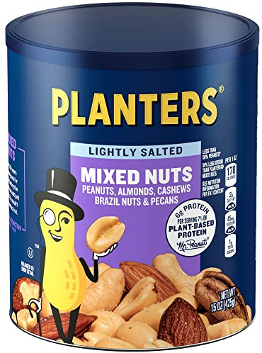PLANTERS Lightly Salted Mix Nuts, Party Snacks, Plant-Based Protein, 15 Oz Canister