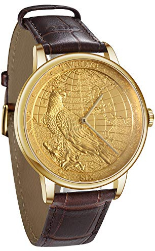 CHIYODA Montre à Quartz pour Homme, Montre de Luxe Plaquée Or avec Procédé de Gravure de la Carte et du Motif de l'aigle, Mouvement à Quartz Suisse, Bracelet en Véritable Peau de Vache