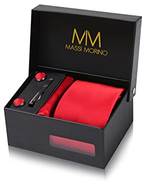 Massi Morino Krawatte rot mit Einstecktuch Set Herren inkl. roten Manschettenknöpfe, Krawattennadel und Geschenkbox | Rotes Männer Krawattenset zur Hochzeit