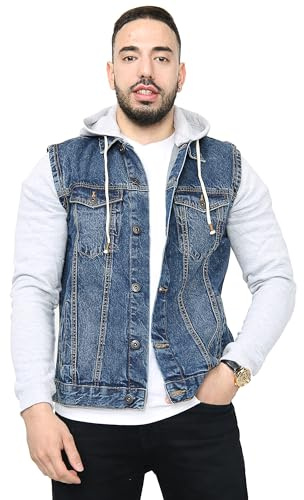 NOROZE Veste en jean avec manches en polaire et capuche amovible Sweat à capuche classique camionneur pour homme (Bleu, L)