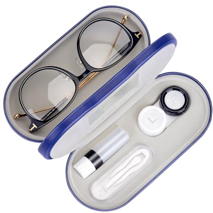 Muf 2 in 1 Contact Lens Case and Glasses Case, Double Sided Design with Mirror, Portable Travel Kit with Tweezer, Remover and Solution Bottle, Blue